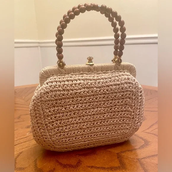 Vintage Italian Woven Rattan Brown Beaded Clutch Mini HandBag Purse Boho - Picture 3 of 10